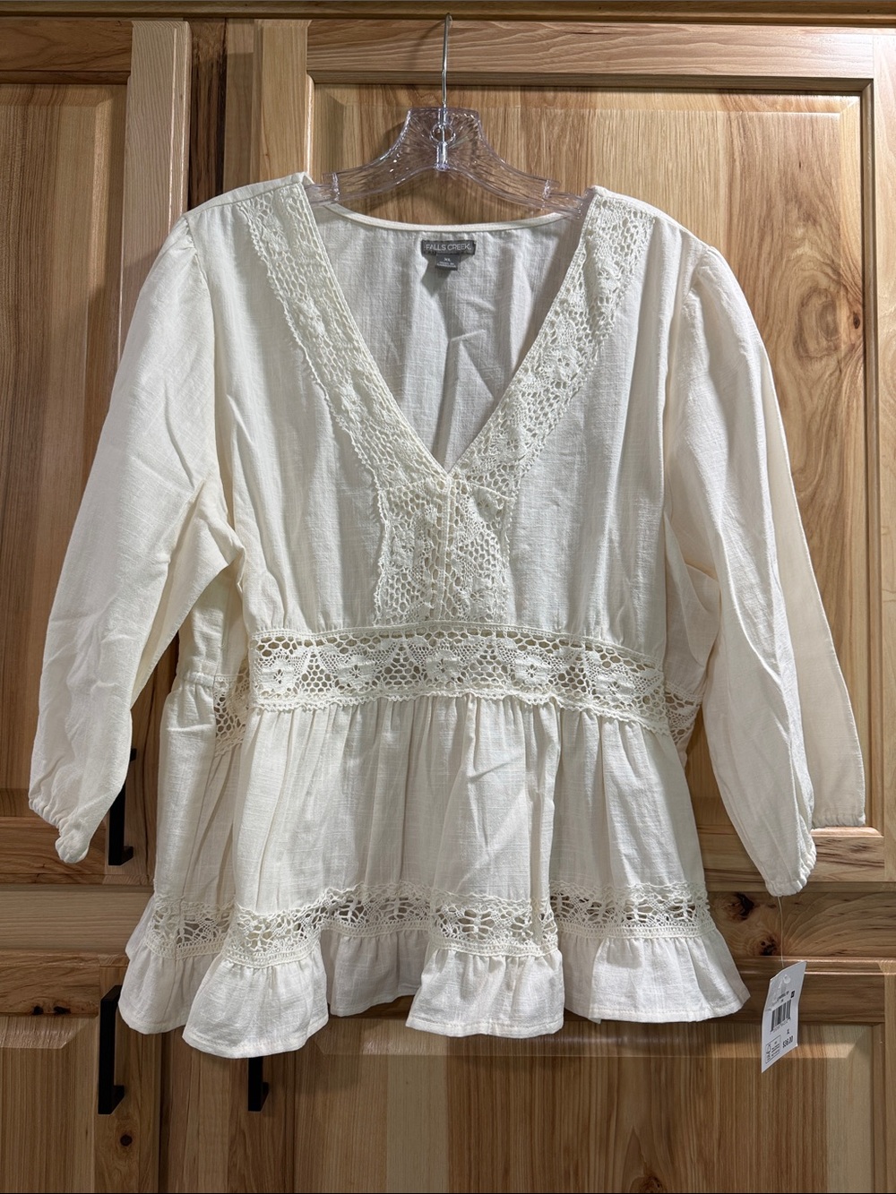 New! Falls Creek XL Feminine Babydoll Ivory Lace Eyelet Trim Peplum Peasant Top